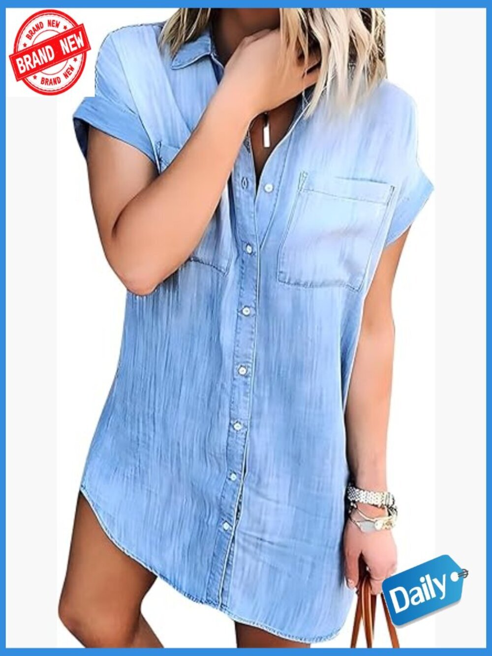 Short Sleeve Denim Shirt Dress Button Down Casual Tunic Top